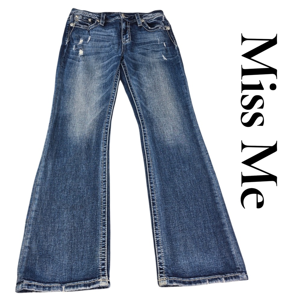 Miss Me Mid Rise Bootcut Jeans 30 Dark Wash Cotton Blend Distressed Western
